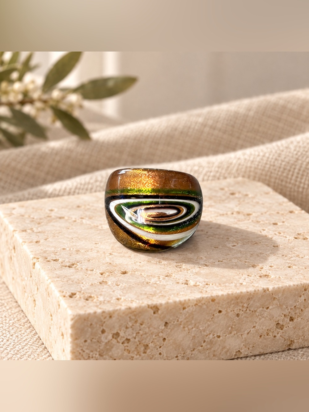 Gold and Green Glass Statement Ring